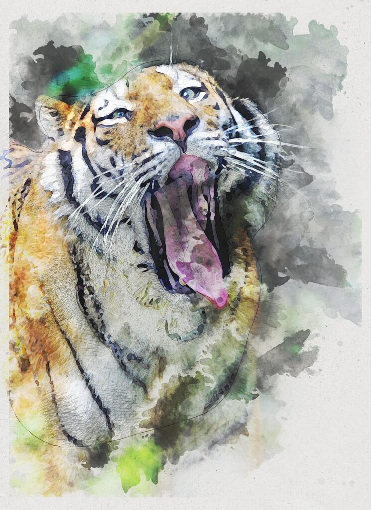 siberian tiger, tiger, head, animal, wild, wildlife, dangerous, nature, predator, danger, striped, feline, endangered, digital painting, digital art, photo art, yawning